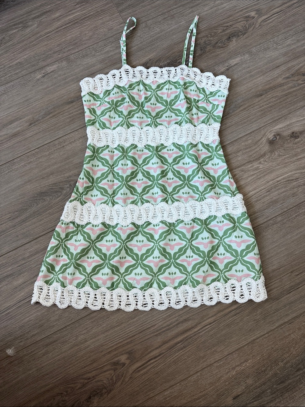 Boutique Green & Pink Crochet-Trim Spaghetti Strap Mini Dress
